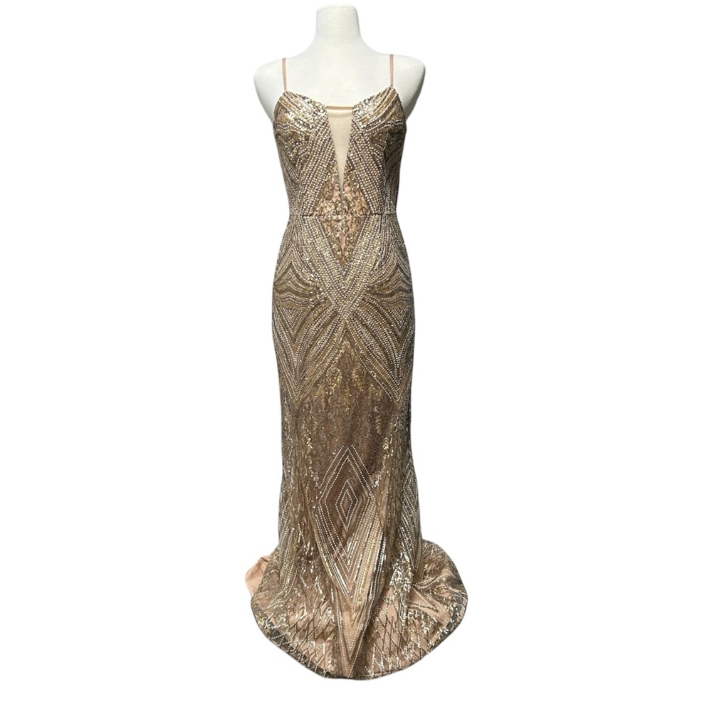 Dress the Population Mara Sequin Trumpet Gown Womens Medium Gold Brass Art Deco